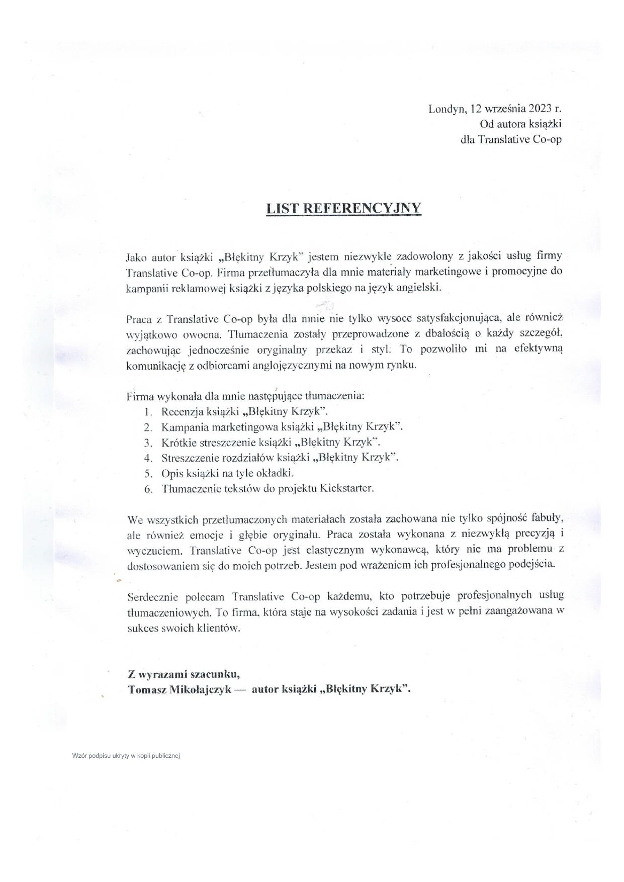Podgląd publicznej kopii podpisanej rekomendacji Tomasza Mikołajczyka, autora publikującego jako Thomas Blaidd