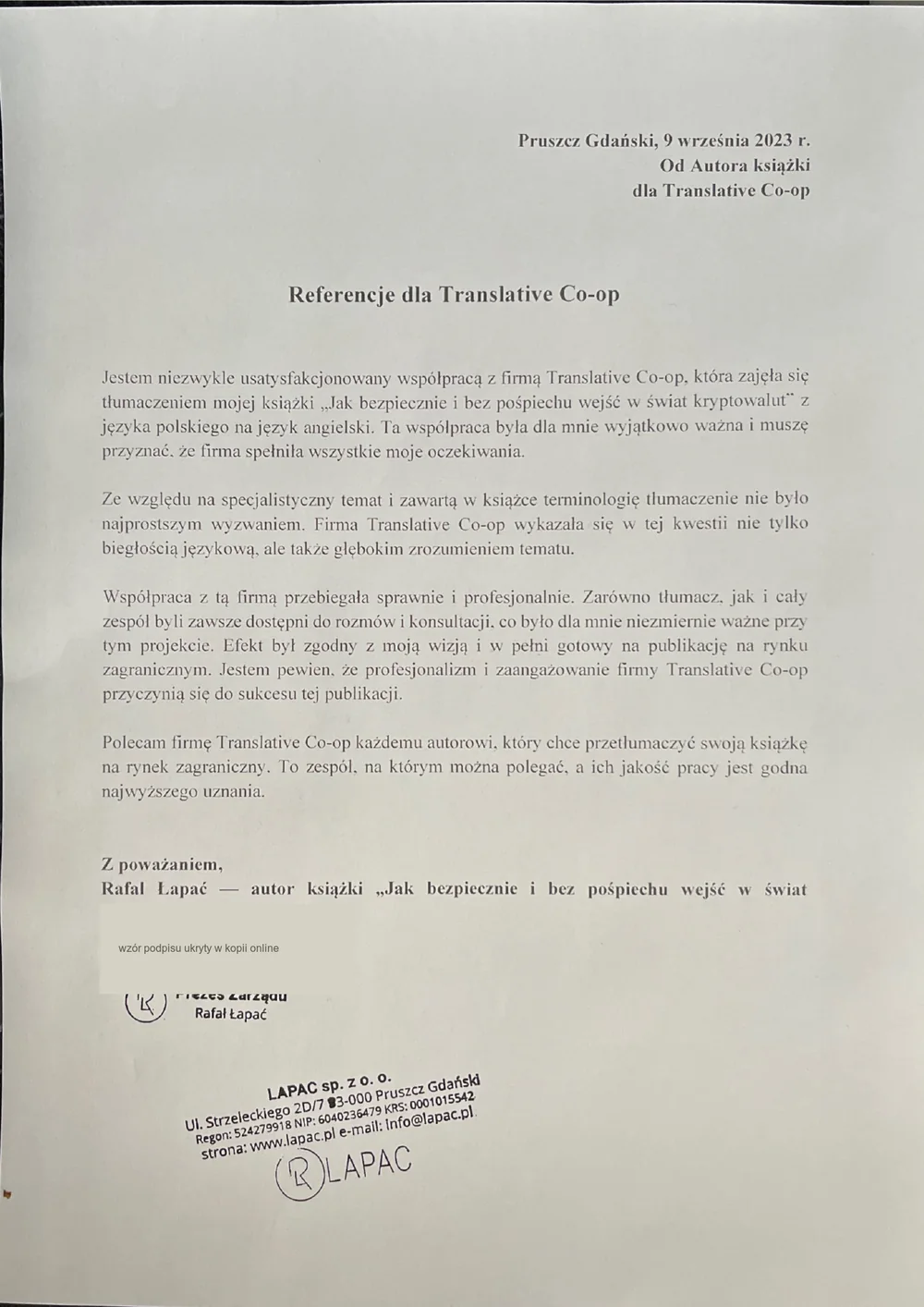 Podgląd publicznej kopii podpisanej rekomendacji Rafała Łapacia dotyczącej tłumaczenia książki o kryptowalutach