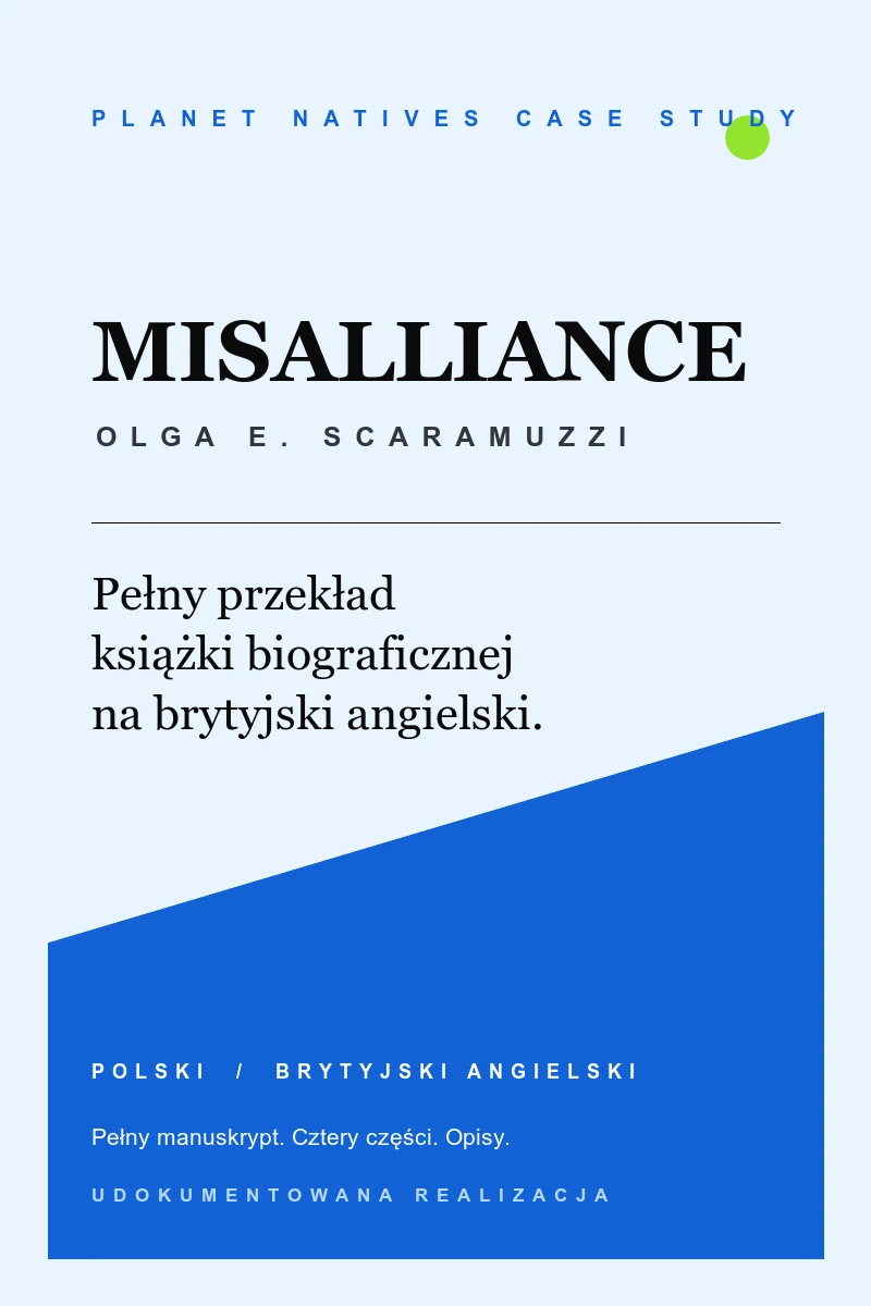 Redakcyjna grafika case study pełnego przekładu książki Misalliance autorstwa Olgi Scaramuzzi