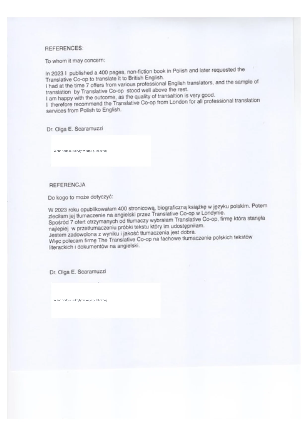 Podgląd publicznej kopii podpisanej dwujęzycznej rekomendacji Olgi Scaramuzzi dotyczącej tłumaczenia książki Mezalians