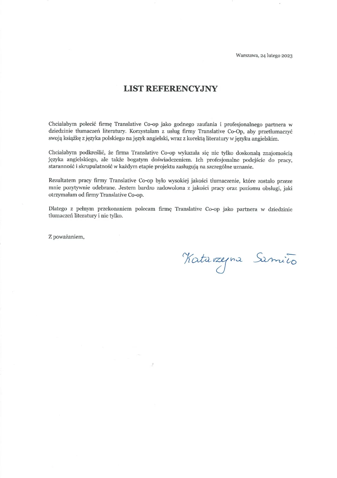 Podpisana rekomendacja Katarzyny Samiło dotycząca przekładu książki na angielski i korekty literackiej