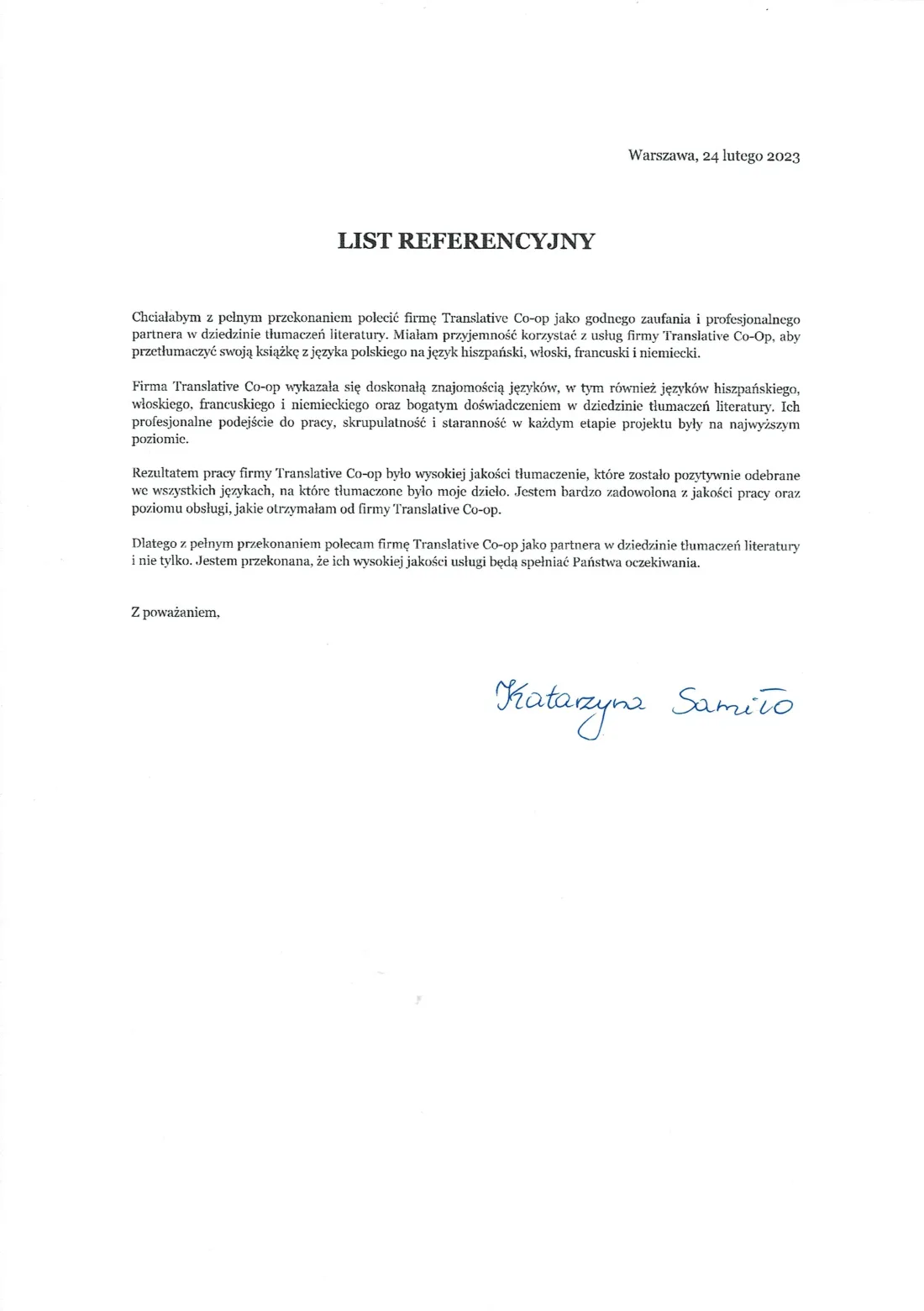 Podpisana rekomendacja Katarzyny Samiło dotycząca przekładu osobnej książki na cztery języki