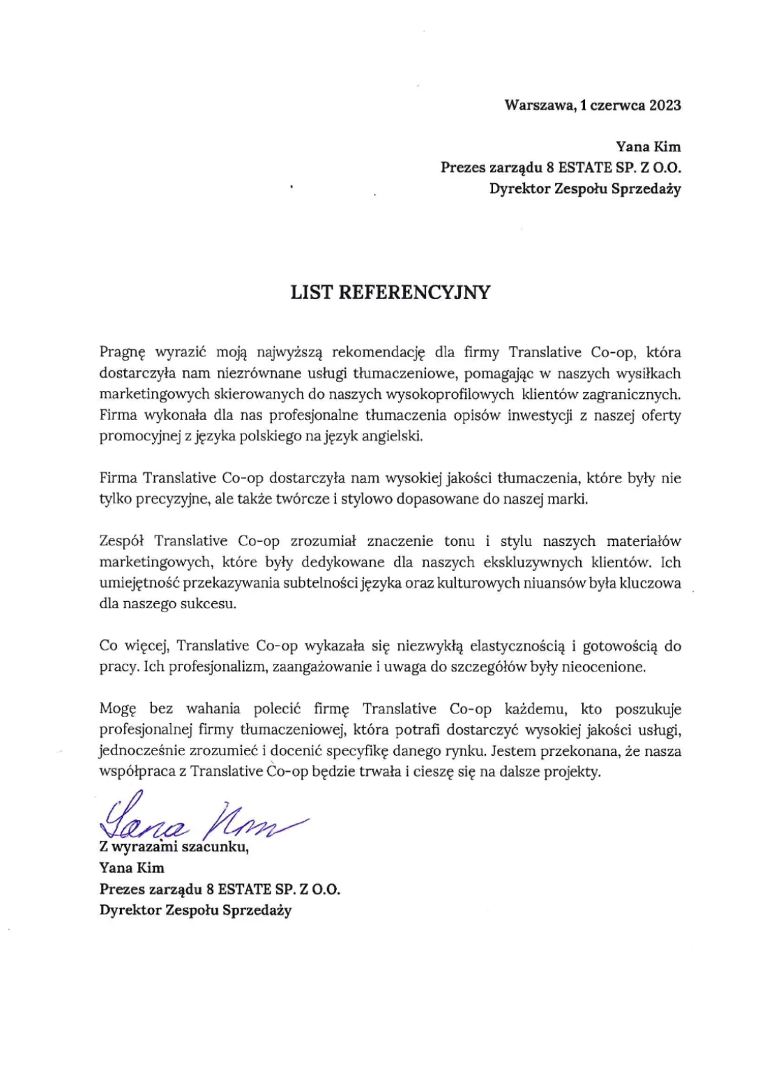 Podpisany list referencyjny 8 ESTATE
