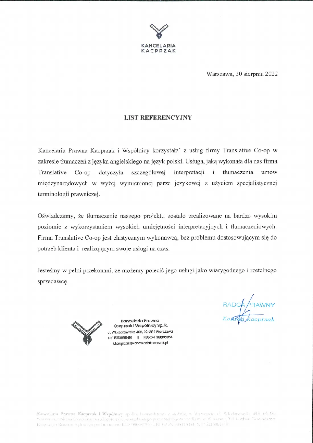 Podpisany list referencyjny Kancelarii Prawnej Kacprzak i Wspólnicy